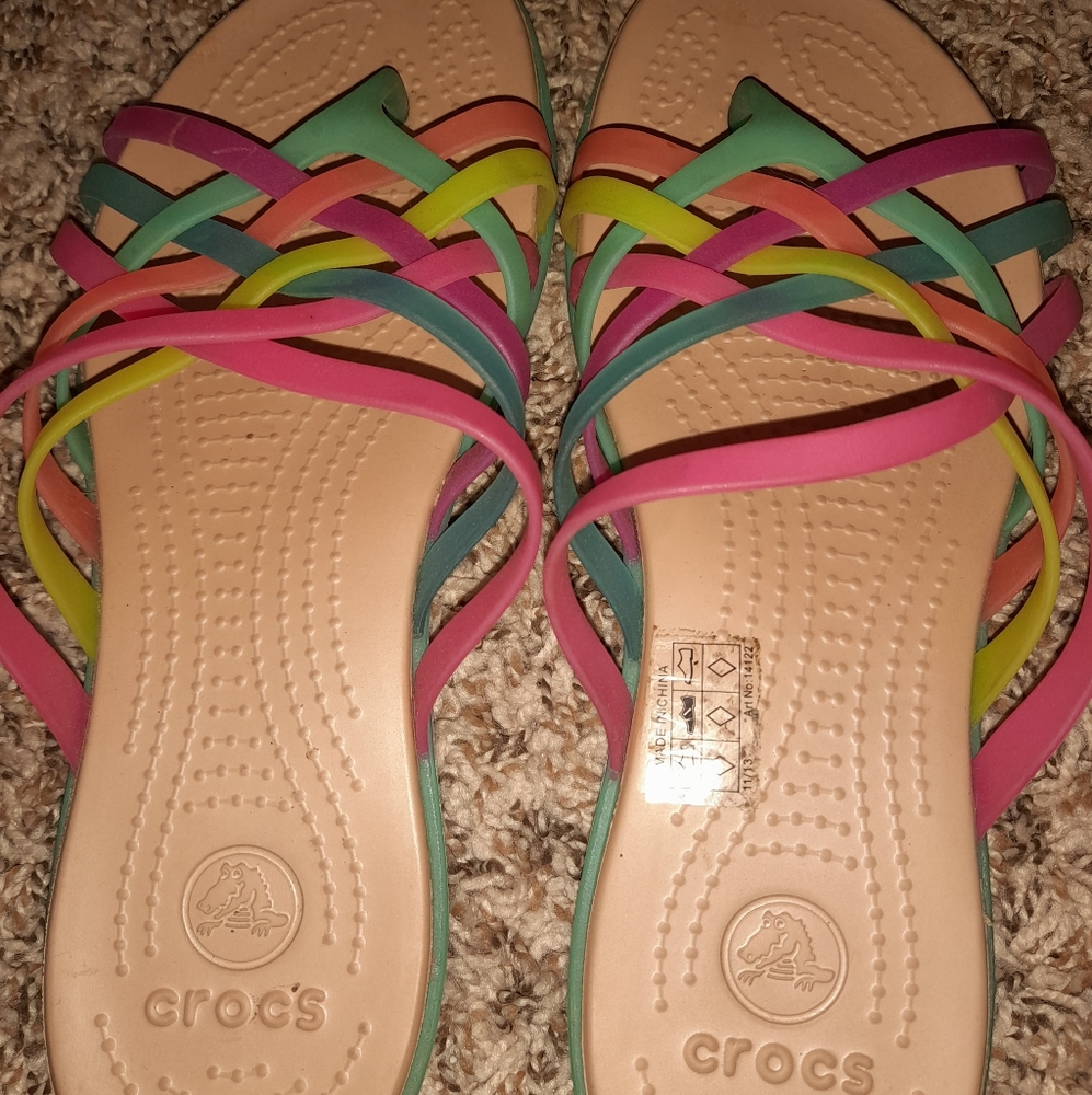 Crocs Size 9, rainbow colored flip flop